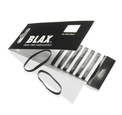 An open pack of BLAX Hair elastics - Black (8 pcs) shows several thin, snag-free elastics inside, with two flexible plastic ties from BLAX lying outside the packaging.