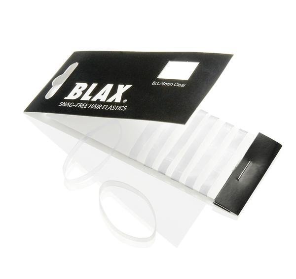 A pack of BLAX Hair Elastics - Clear (8 pcs) by BLAX shows several flexible, clear hair ties arranged in a row, with a few elastics taken out and placed beside the packaging.