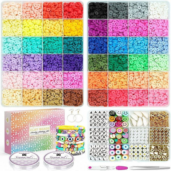 The Fashiongirl Clay Beads / Heishi Beads Arona Kit - KREA DIY Jewellery Kit includes 12,000 assorted beads, letter and smiley beads, earring hooks, elastic cords, and tools, all neatly organized with sample kit and packaging.