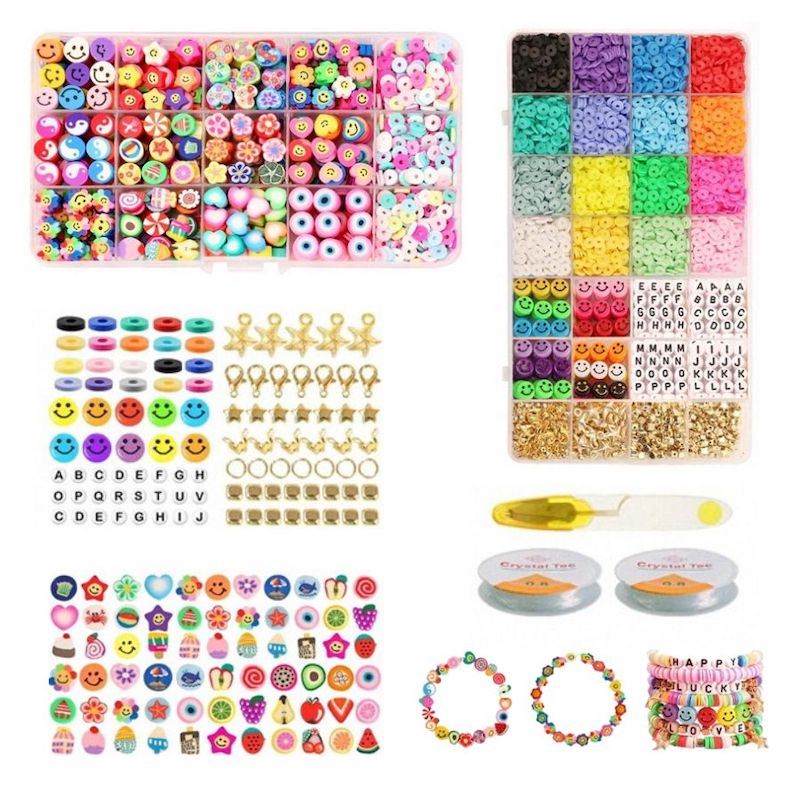 The Fashiongirl Clay Beads / Heishi Beads Fimo Kit - KREA DIY Jewellery Kit includes 4500 assorted colorful beads, charms, letter beads, elastic string, clasps, and two pre-made bracelets neatly arranged in compartments.