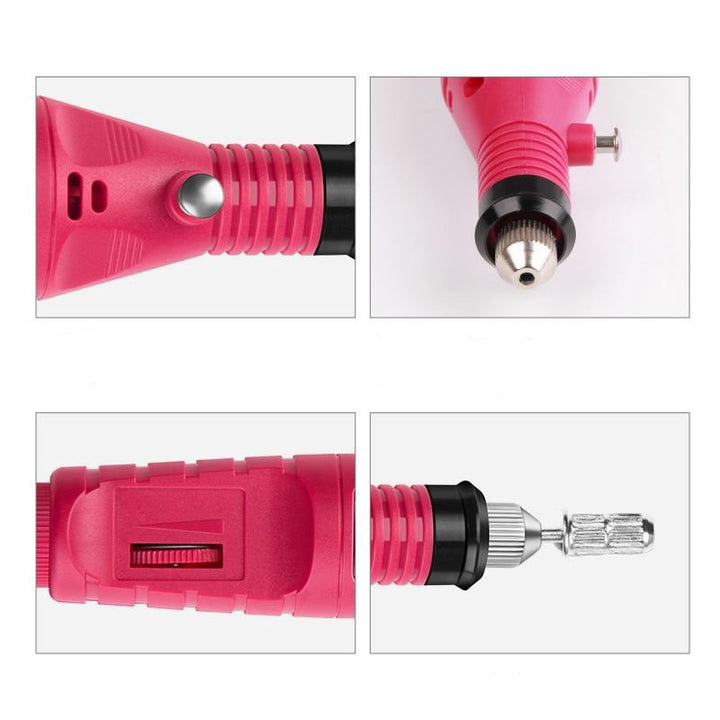 A collage features four close-ups of the Fashiongirl Electric Nail File 6-in-1 Manicure Set in pink, showing its grip, power switch, front drill chuck, and a mounted drill bit attachment.