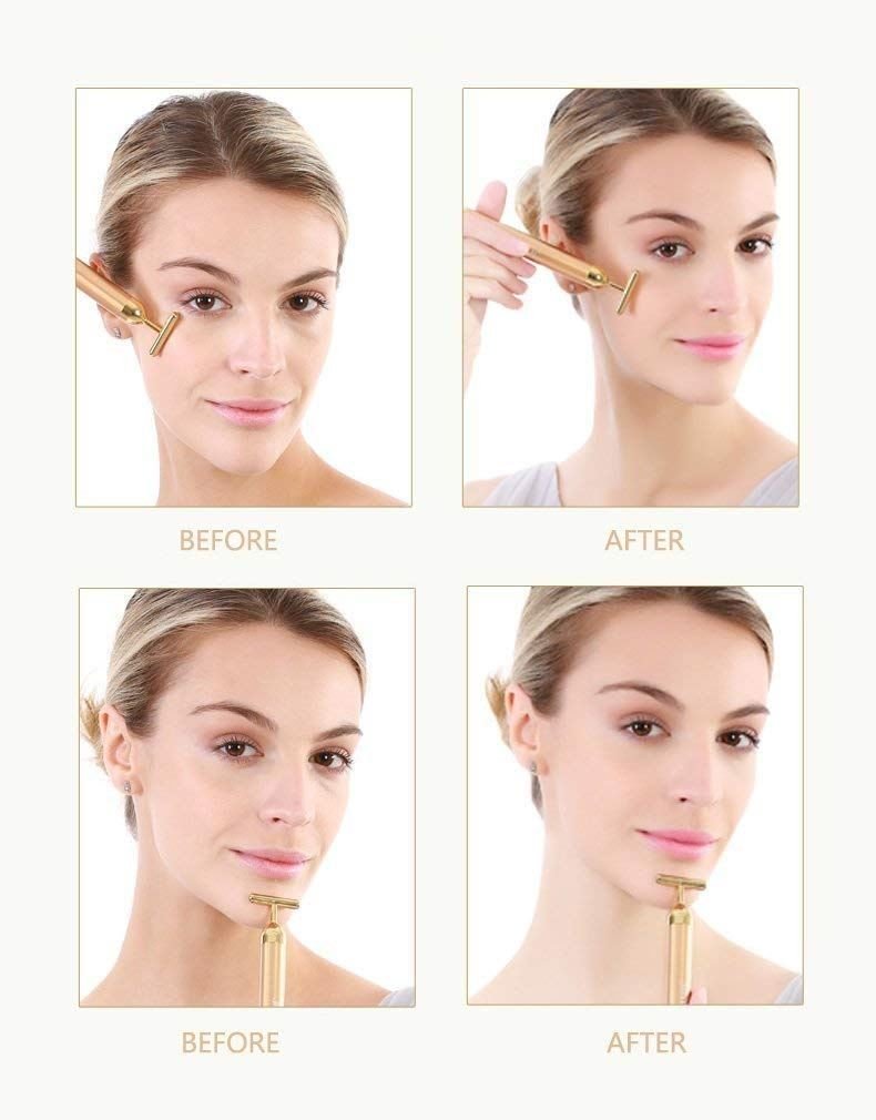 Gold Facial Massager - T - Bar Beauty Lifter Vibrating - Anti Wrinkle Massage Roller - | Fashiongirl
