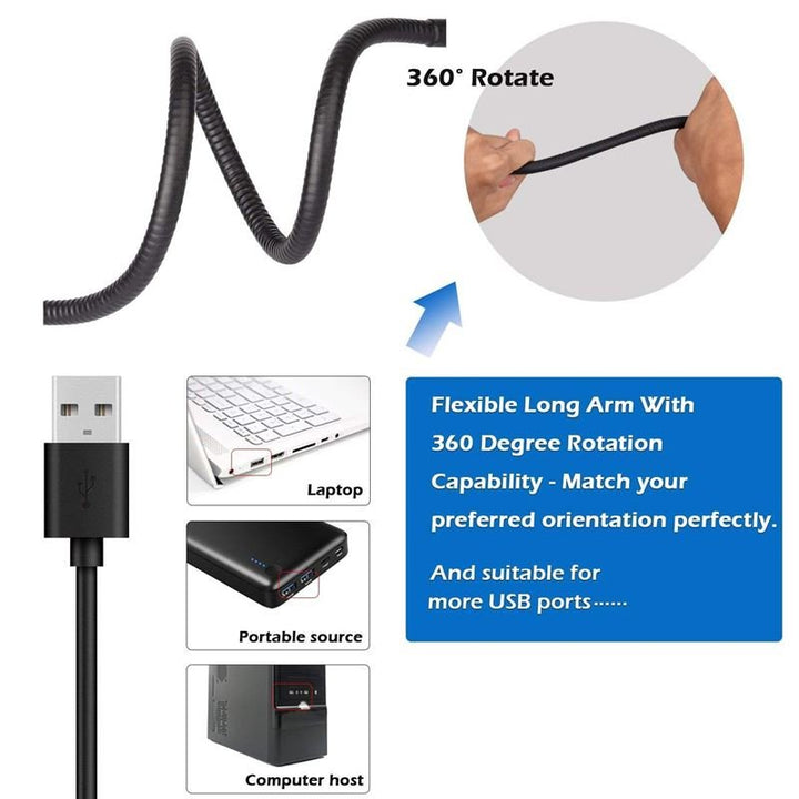 The UNIQ Selfie Ring Light features an LED with brightness control and flexible 360° rotatable arms. Shown bending easily, its perfect for streaming, vlogging, YouTube, and makeup—compatible with laptops and portable power sources.