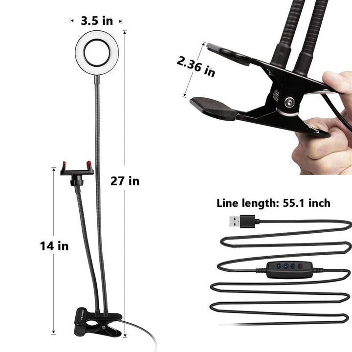 UNIQ Selfie Ring Light with LED brightness control and flexible arms; ideal for streaming, vlogs, YouTube, or makeup. Features phone holder, clamp base, USB controls. Sizes: ring 3.5, phone arm 27, clamp 2.36, tripod arm 14, USB cable 55.1.