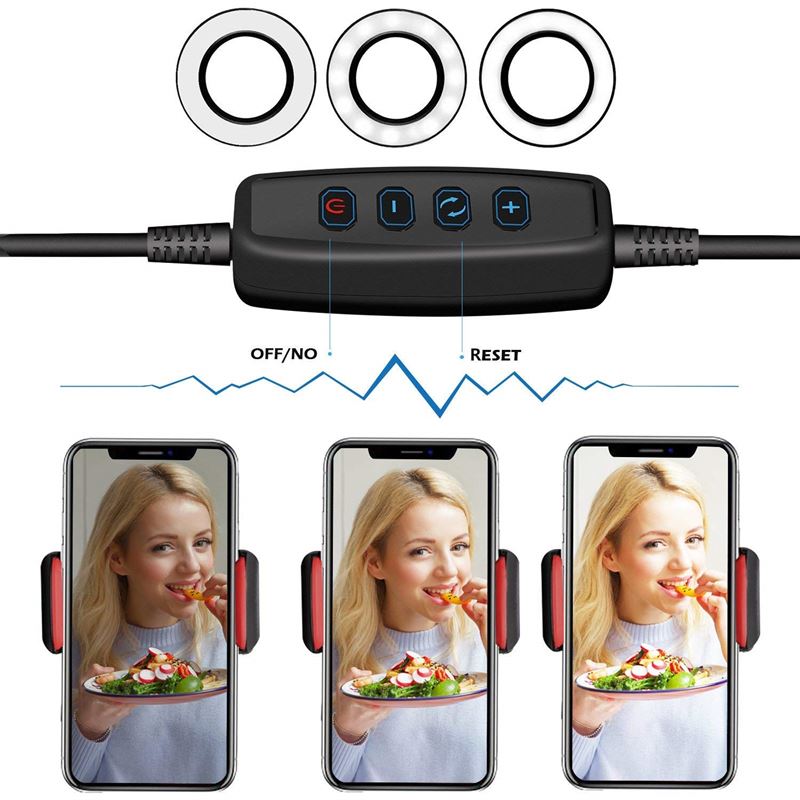 The UNIQ Selfie Ring Light with adjustable LED brightness and flexible arms features remote control for power, mode, reset, and brightness. Three phones show a woman eating salad under customizable light settings—ideal for streaming or makeup.