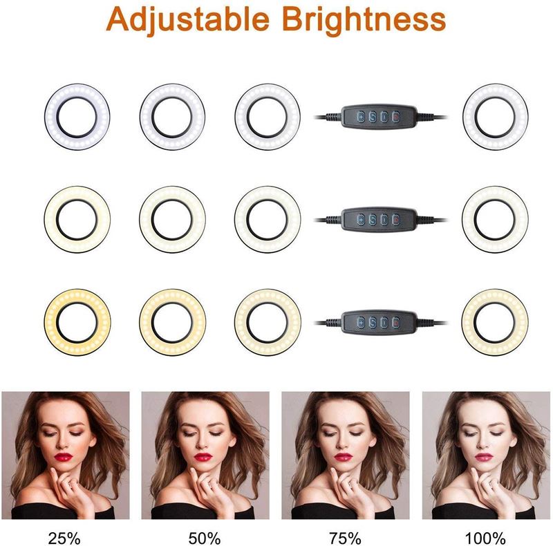 A chart displays three UNIQ Selfie Ring Light color temperatures and four brightness levels (25%, 50%, 75%, 100%). Photos show a woman using the adjustable LED light. Text reads “Adjustable Brightness.” Ideal for streaming, vlogs, and makeup.