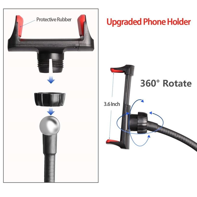 Diagram of the UNIQ Selfie Ring Light: features LED brightness control, flexible 360° rotating arms, and a phone holder with protective grips and screw mechanism—expands to 3.6, ideal for shake-free streaming, vlogs, or makeup.