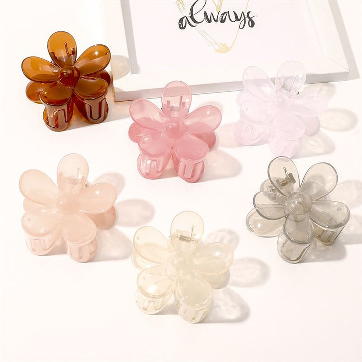 Six SOHO Fiore Hair Claw clips in brown, pink, clear, beige, gray, and light pink are arranged stylishly on a white surface. A framed sign with the word "always" is partially visible in the background.