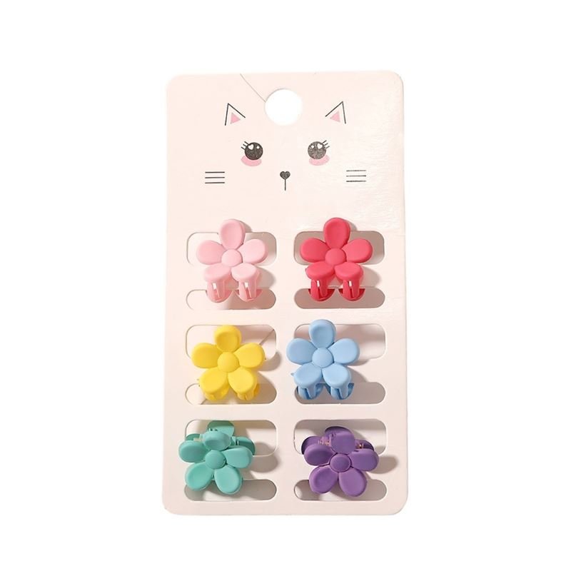 The SOHO Lala Mini Hair Claws - Flowers by SOHO includes six colorful mini claws (pink, red, yellow, blue, teal, purple) on a white card with a cute cat face illustration.