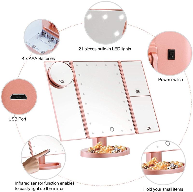 UNIQ Hollywood Makeup Mirror Trifold mirror with LED light, RoseGold - | Fashiongirl
