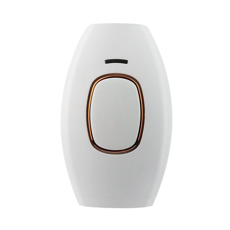 The UNIQ IPL Hair Removal Device, a white handheld tool with a gold-bordered button and black indicator, offers smooth, pain-free permanent hair reduction at home with 600,000 flashes. Shown against a plain white background.