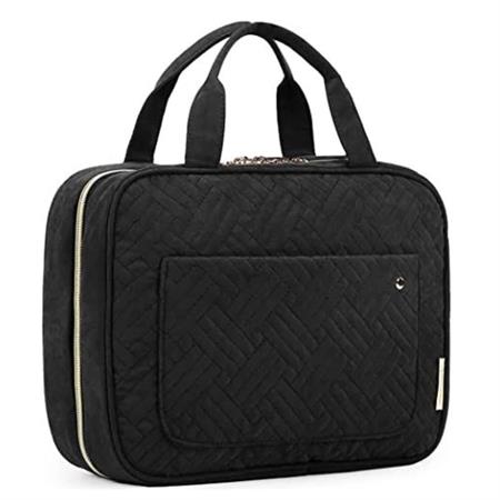 The UNIQ Travel Toiletry Bag in black features 4 compartments, a hanging hook, waterproof material, zip closure, and a sleek design inspired by travel organizers—practical style that stands upright against a plain background.